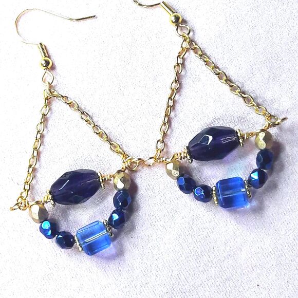artisan earrings 534#mfs Blues purples teardrop chain drop earring Czech glass i - Picture 1 of 5